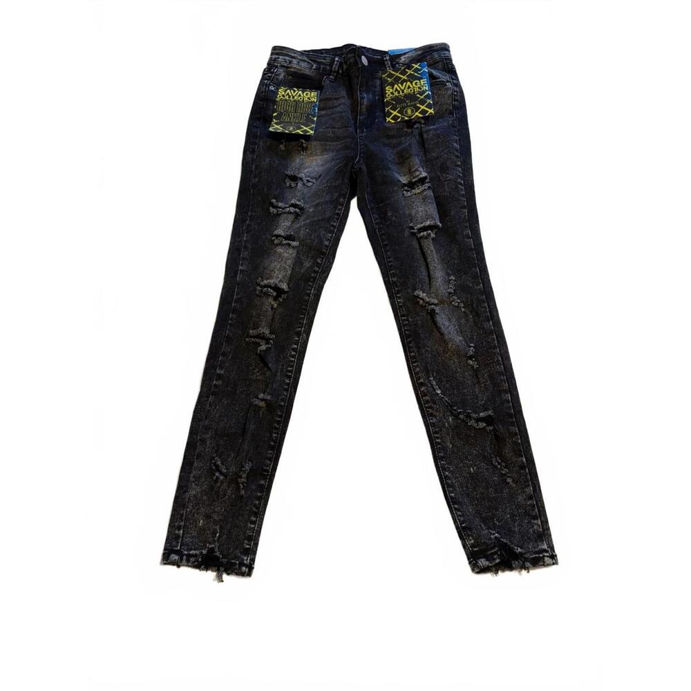 ELITE JEANS JUNIORS  BLACK ACID WASH DISTRESSED SIZE 9 DENIM‎ STRETCH WAIST